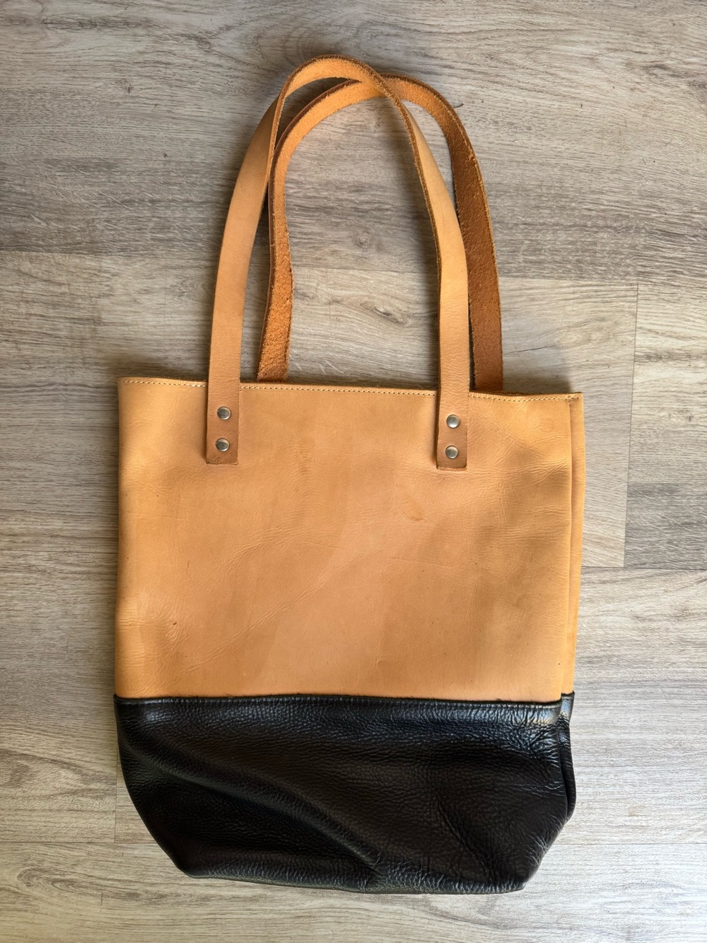Two-Tone Tan and Black Leather Tote